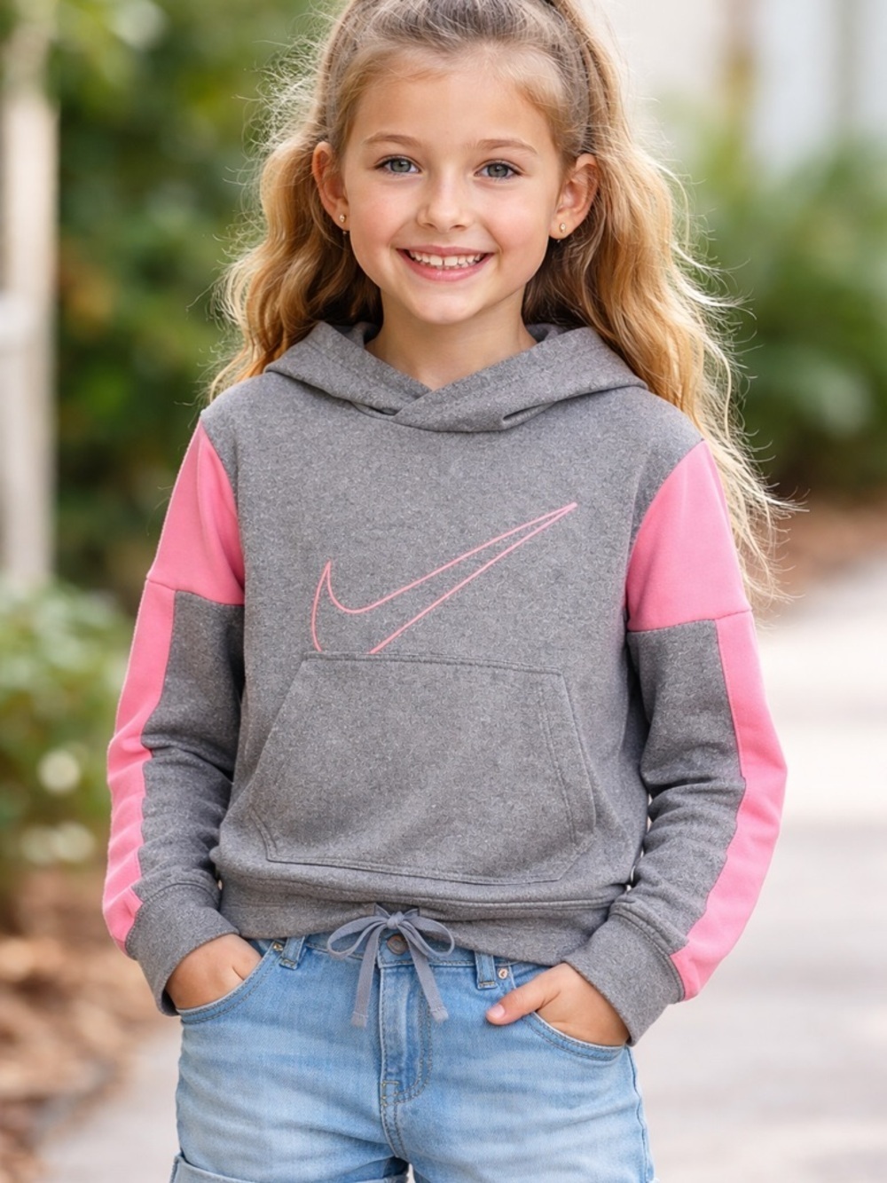 Nike Gray and Pink Colorblock Girls' Hoodie